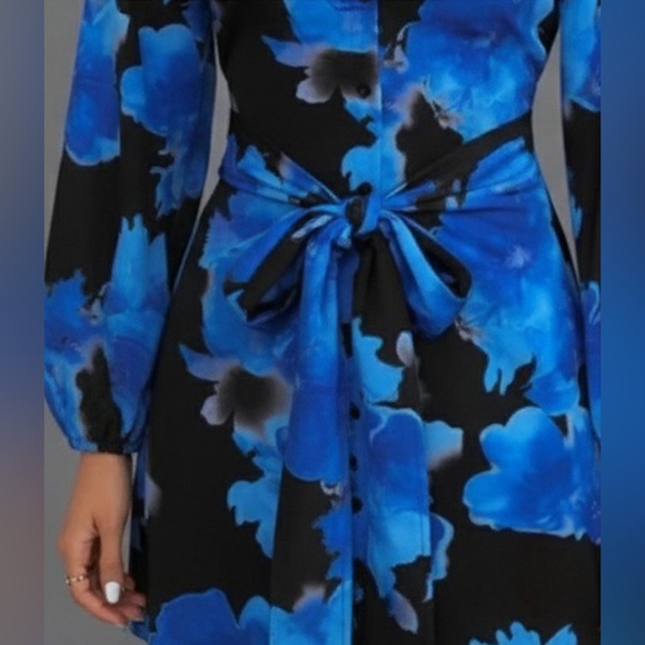 Blue Blossom-Patterned Lantern Sleeve Shirt Dress with Front Tie - Picture 3 of 6